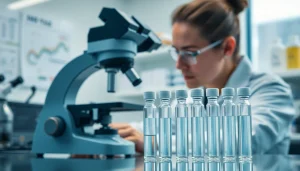 Buy research peptides online in a modern lab setting with researcher and quality peptide vials.