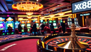Engaging players enjoy a luxurious gambling experience at xx88 casino with vibrant lighting and poker tables.