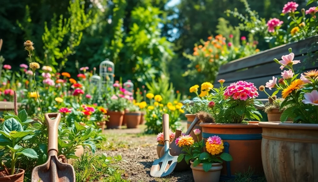 Gardening tools and vibrant flowers in a bright garden setting showcasing nature's beauty.