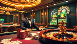 Kuwin online casino interface featuring poker chips, vibrant casino tables, and spinning roulette.