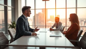 Engaging real estate discussion in a modern office showcasing properties.