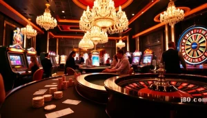 Experience the thrill of gaming at jbo.com with a luxurious casino scene filled with poker tables and slot machines.