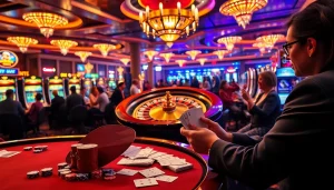 Exciting casino scene with gamblers at a roulette table and poker cards featuring okbay chips.