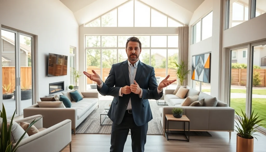Highlighting Real Estate opportunities with a professional agent showcasing a modern home.