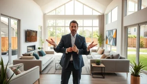 Highlighting Real Estate opportunities with a professional agent showcasing a modern home.