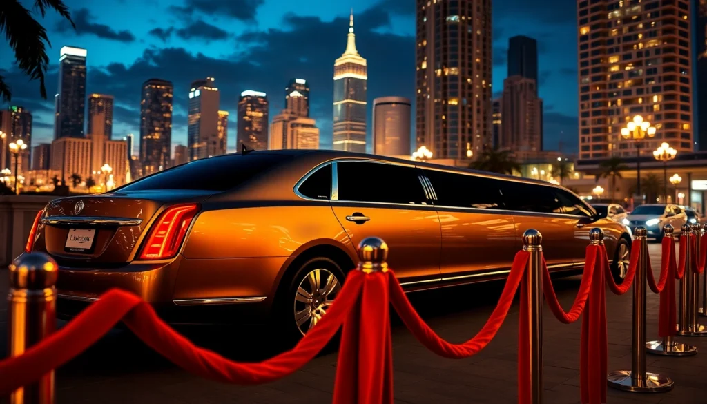 Experience luxurious limousine service near me with a sleek vehicle against an urban city skyline.