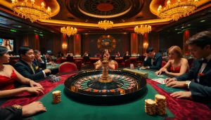 DAGA roulette wheel surrounded by excited players engaging in high-stakes poker.
