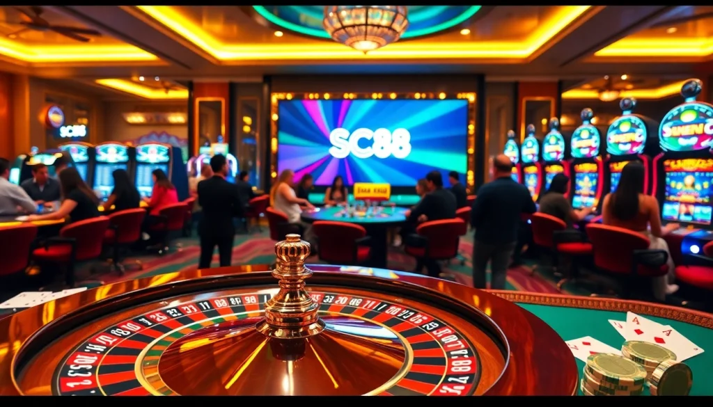 Engaged gamblers at an SC88 casino with roulette and slot machines, celebrating wins.