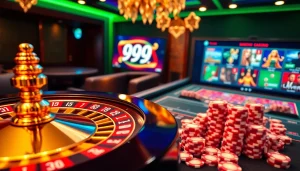 Experience the thrill of winning at 99win with vibrant casino visuals featuring roulette and poker.