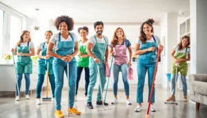 Efficient cleaning service team transforming a bright home into a spotless space.