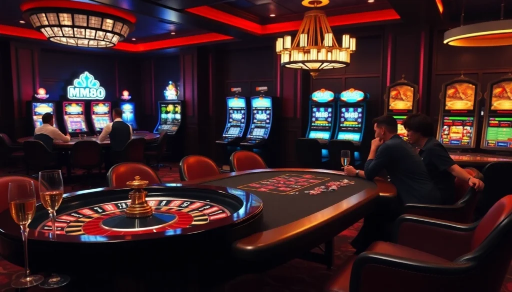 Experience MM88's thrilling atmosphere at a high-stakes poker table amidst vibrant casino gaming.