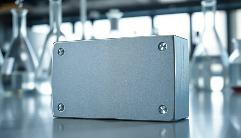 Showcasing antimony metal block on a lab bench with scientific equipment in background.