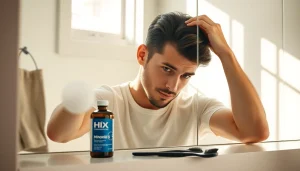 髪の再生のために製品を塗布している若い男性を写した HIX Minoxidil のレビュー