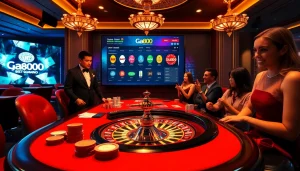 Exciting gambling scene with Ga888 branding, showcasing poker chips and a roulette wheel.