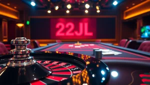 Experience the thrill of 22JL with vibrant casino visuals showcasing roulette and poker.
