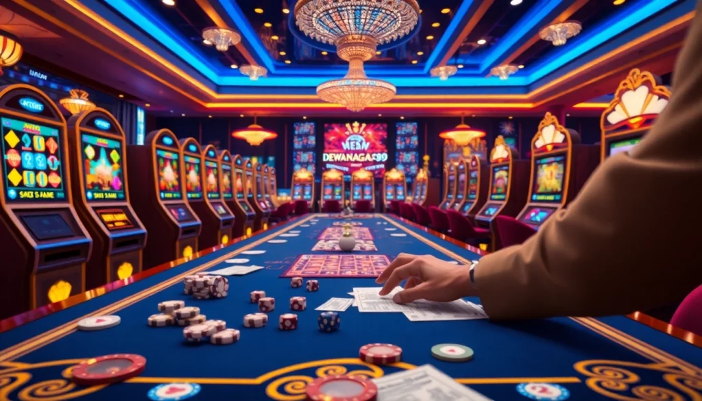 Pemain berinteraksi dengan antarmuka login slot DEWANAGA89 di tengah visual kasino yang berwarna-warni.