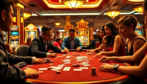Players enjoying an exciting night of gaming at 78WIN casino, featuring vibrant tables and engaging gameplay.