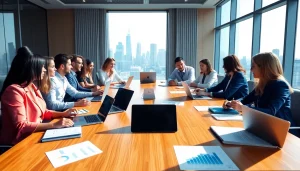 Engaged professionals in a business meeting discussing strategies in a bright conference room.