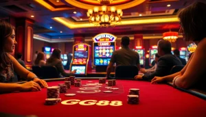 Excited gamblers enjoying a GG88 poker game at a luxurious casino table with vibrant slot machines.