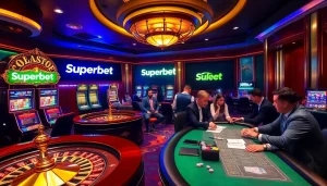 Superbet gaming scene with vibrant casino tables, roulette wheels, and poker players enjoying the excitement.