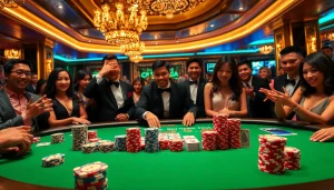 Exciting poker scene at a luxurious casino highlighting https://topxx88.com/ with professional dealers and vibrant poker chips.
