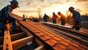 Find reliable roofing companies near me actively working on a residential roof.
