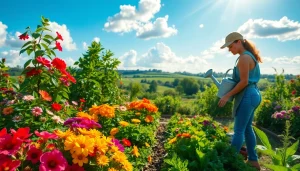 Gardening activities captured in a vibrant garden with colorful flowers and fresh vegetables.