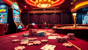 Players gambling at a luxurious casino table featuring LC 88, vibrant chips, and colorful slot machines.