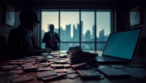 카드깡의 비밀스러운 거래를 나타내는 다크한 조명과 느낌의 장면