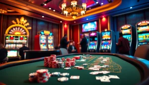 Experience a thrilling casino atmosphere at https://ok365a.biz/ with vibrant tables, excited gamblers, and bright slot machines.