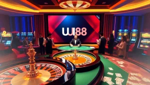 Players engaging in high-stakes gaming at UU88 casino with roulette and poker tables.