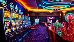 Players enjoying the vibrant SLOTS8 slot machines in a luxurious casino.