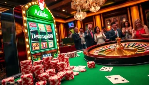 Mesin slot Dewanaga89 dikelilingi elemen kasino yang penuh warna yang menangkap kegembiraan berjudi.