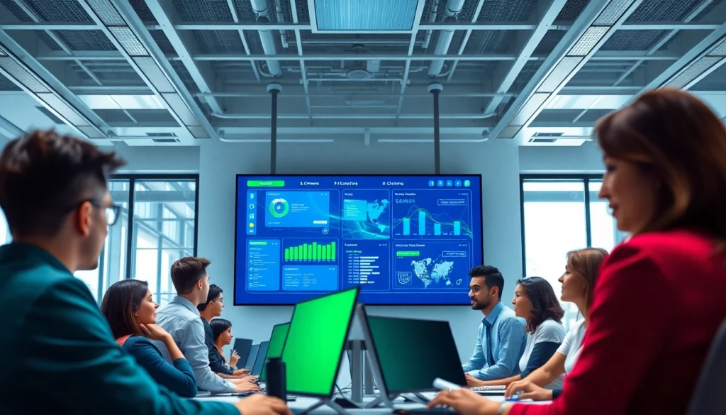 Showcasing call center software interface with engaged agents working in a dynamic environment.