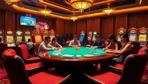 Experience the thrill of 918kiss at a luxurious casino poker table filled with excited players.