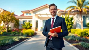 Real Estate agent engaging with clients in front of a stylish home.