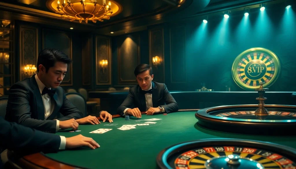 Players engaging in an intense card game at 68VIP casino, highlighting excitement and luxury.