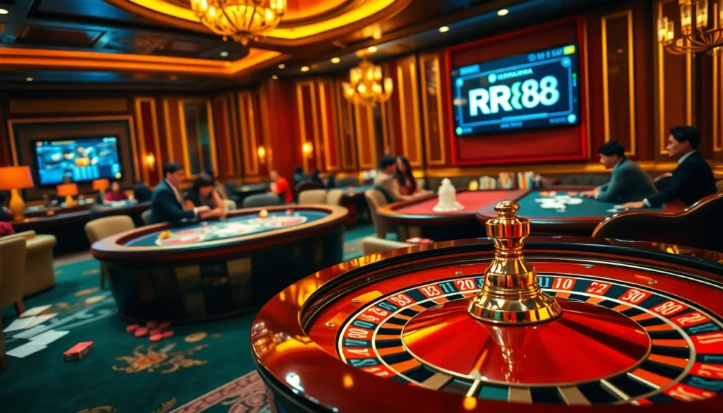 RR88 players engaging in thrilling gameplay at a luxurious casino table surrounded by chips and cards.