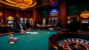 Action-packed poker game at FLY88 Casino with elegant players and vibrant slot machines.