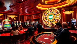 Exciting GK88 casino scene featuring poker tables, slot machines, and vibrant wheel of fortune.