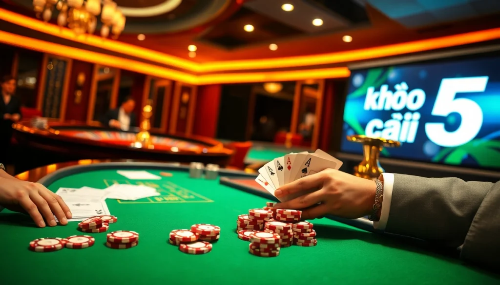 Kèo nhà cái 5 betting atmosphere with casino tables, roulette wheel, and excited players.