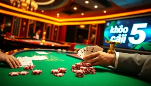 Kèo nhà cái 5 betting atmosphere with casino tables, roulette wheel, and excited players.