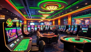 Engage with games at https://3xbet.direct/ showcasing vibrant slots and poker tables in a lively casino.