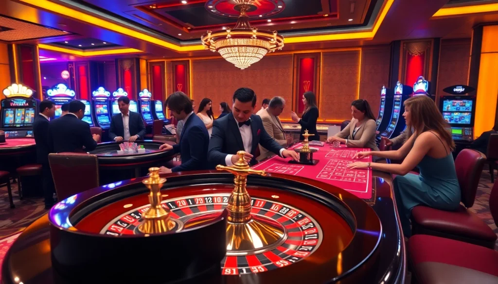 Experience excitement at RR88 casino with vibrant gaming tables and players enjoying roulette.
