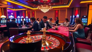 Experience excitement at RR88 casino with vibrant gaming tables and players enjoying roulette.