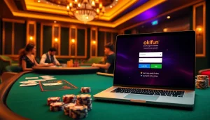 Displaying the excitement of "đăng nhập okfun" on an online gambling platform with vibrant poker action.