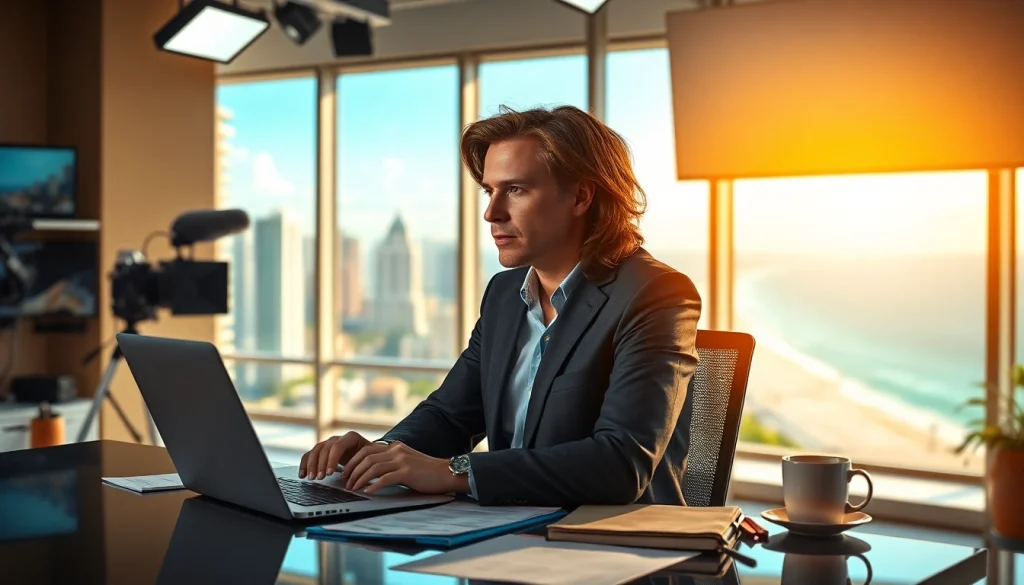 South Florida Reporter captures a journalist at work in a bustling newsroom filled with natural light.