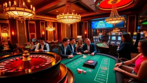 Excited players engaging in games at bet88's luxurious casino setting featuring roulette and slots.