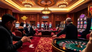 Engaging scene of players at KK55 casino tables showcasing excitement and strategy in gambling.