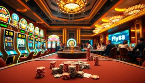 Experience the thrill of Fly88 at a vibrant casino with glowing slot machines and strategic gameplay.